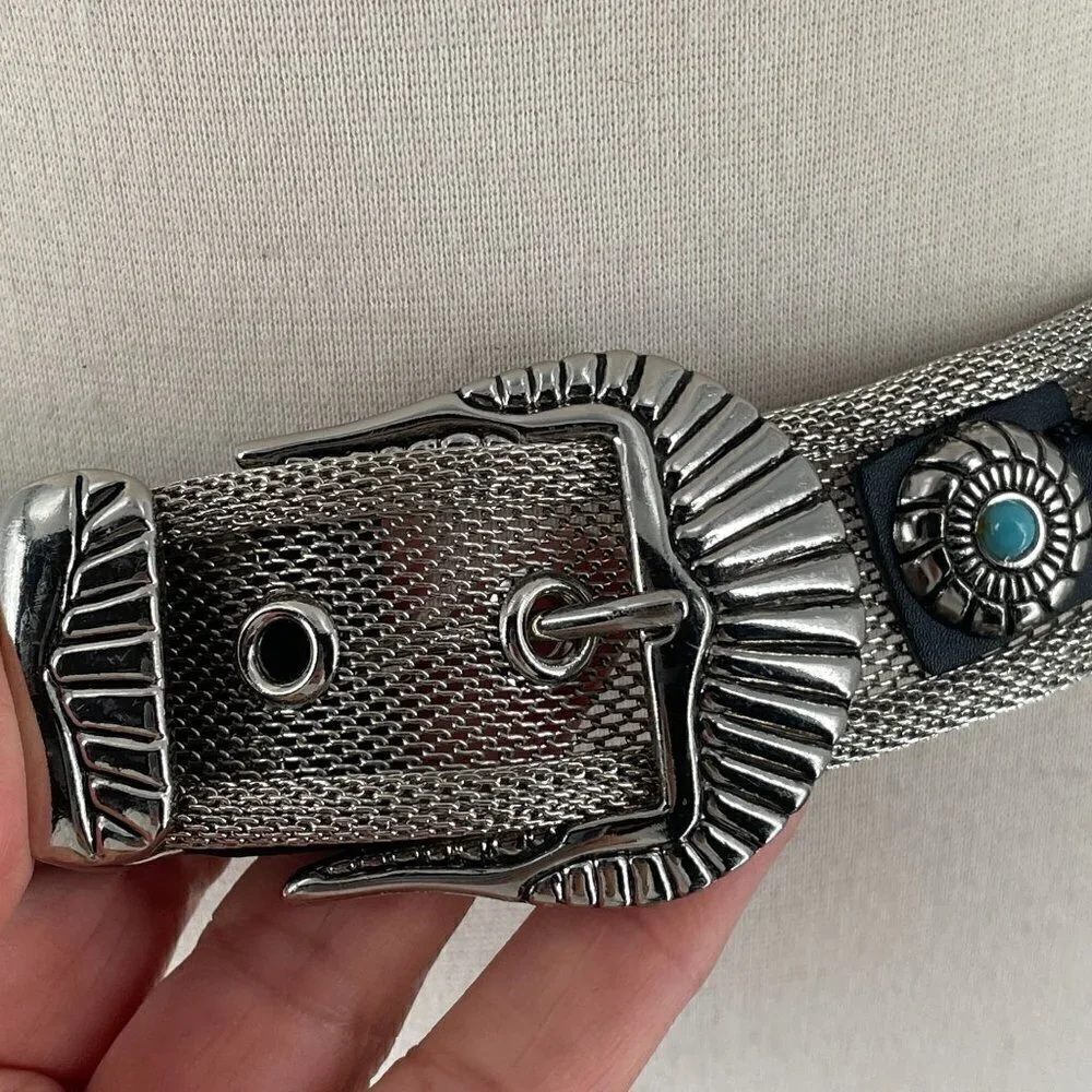 Southwestern Waist Hip Belt Silver Mesh Ivory Bead Faux Turquoise Concho Boho XL